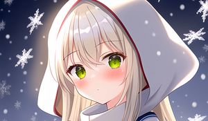 Preview wallpaper girl, hood, snow, snowflakes, winter, anime