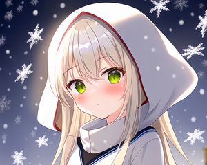 Preview wallpaper girl, hood, snow, snowflakes, winter, anime