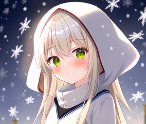 Preview wallpaper girl, hood, snow, snowflakes, winter, anime