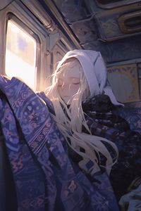 Preview wallpaper girl, hood, window, light, train, art