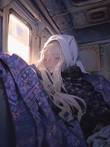 Preview wallpaper girl, hood, window, light, train, art