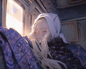 Preview wallpaper girl, hood, window, light, train, art