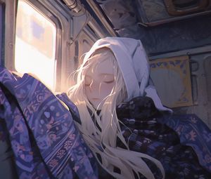 Preview wallpaper girl, hood, window, light, train, art