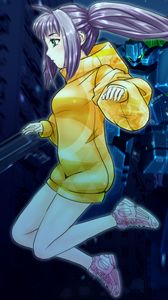 Preview wallpaper girl, hoodie, anime, yellow, purple