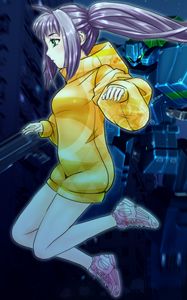 Preview wallpaper girl, hoodie, anime, yellow, purple