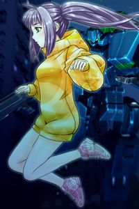 Preview wallpaper girl, hoodie, anime, yellow, purple