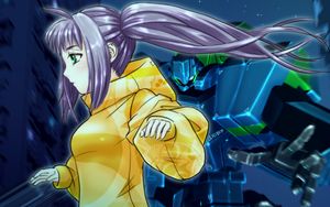Preview wallpaper girl, hoodie, anime, yellow, purple