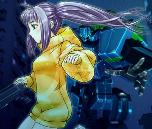 Preview wallpaper girl, hoodie, anime, yellow, purple