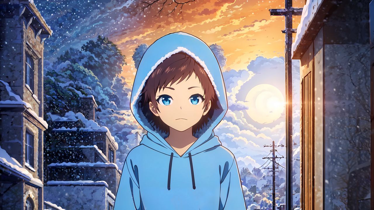 Wallpaper girl, hoodie, snow, winter, street, anime, art