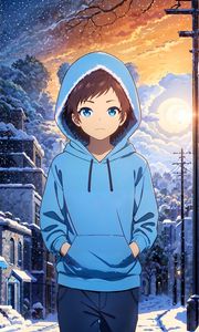 Preview wallpaper girl, hoodie, snow, winter, street, anime, art