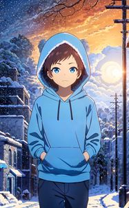 Preview wallpaper girl, hoodie, snow, winter, street, anime, art