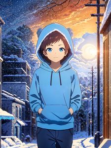 Preview wallpaper girl, hoodie, snow, winter, street, anime, art