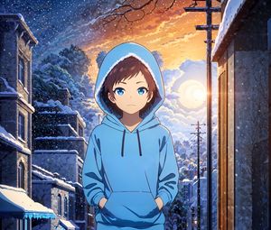 Preview wallpaper girl, hoodie, snow, winter, street, anime, art