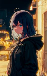 Preview wallpaper girl, hoodie, street, light, anime