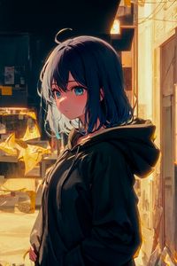 Preview wallpaper girl, hoodie, street, light, anime