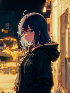 Preview wallpaper girl, hoodie, street, light, anime