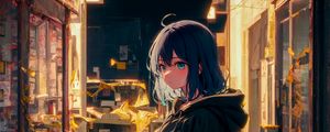 Preview wallpaper girl, hoodie, street, light, anime