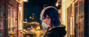 Preview wallpaper girl, hoodie, street, light, anime