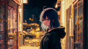 Preview wallpaper girl, hoodie, street, light, anime