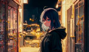 Preview wallpaper girl, hoodie, street, light, anime