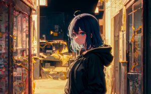 Preview wallpaper girl, hoodie, street, light, anime