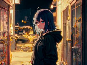 Preview wallpaper girl, hoodie, street, light, anime