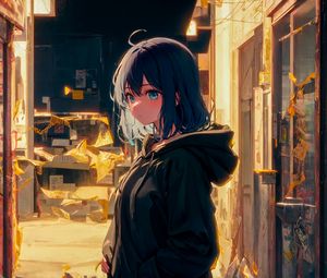 Preview wallpaper girl, hoodie, street, light, anime