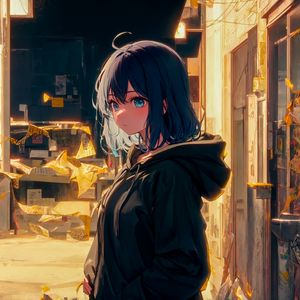 Preview wallpaper girl, hoodie, street, light, anime