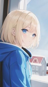 Preview wallpaper girl, hoodie, window, winter, anime