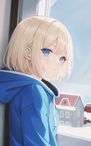 Preview wallpaper girl, hoodie, window, winter, anime