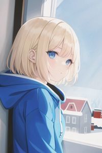 Preview wallpaper girl, hoodie, window, winter, anime
