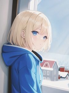 Preview wallpaper girl, hoodie, window, winter, anime
