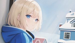 Preview wallpaper girl, hoodie, window, winter, anime