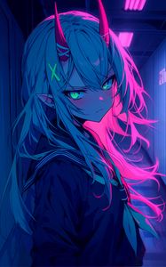 Preview wallpaper girl, horns, anime, art, blue