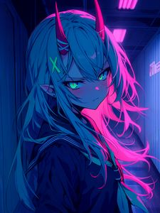 Preview wallpaper girl, horns, anime, art, blue