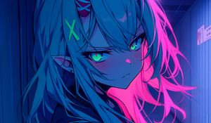 Preview wallpaper girl, horns, anime, art, blue