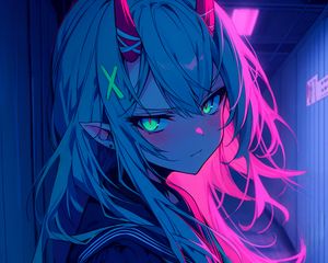 Preview wallpaper girl, horns, anime, art, blue