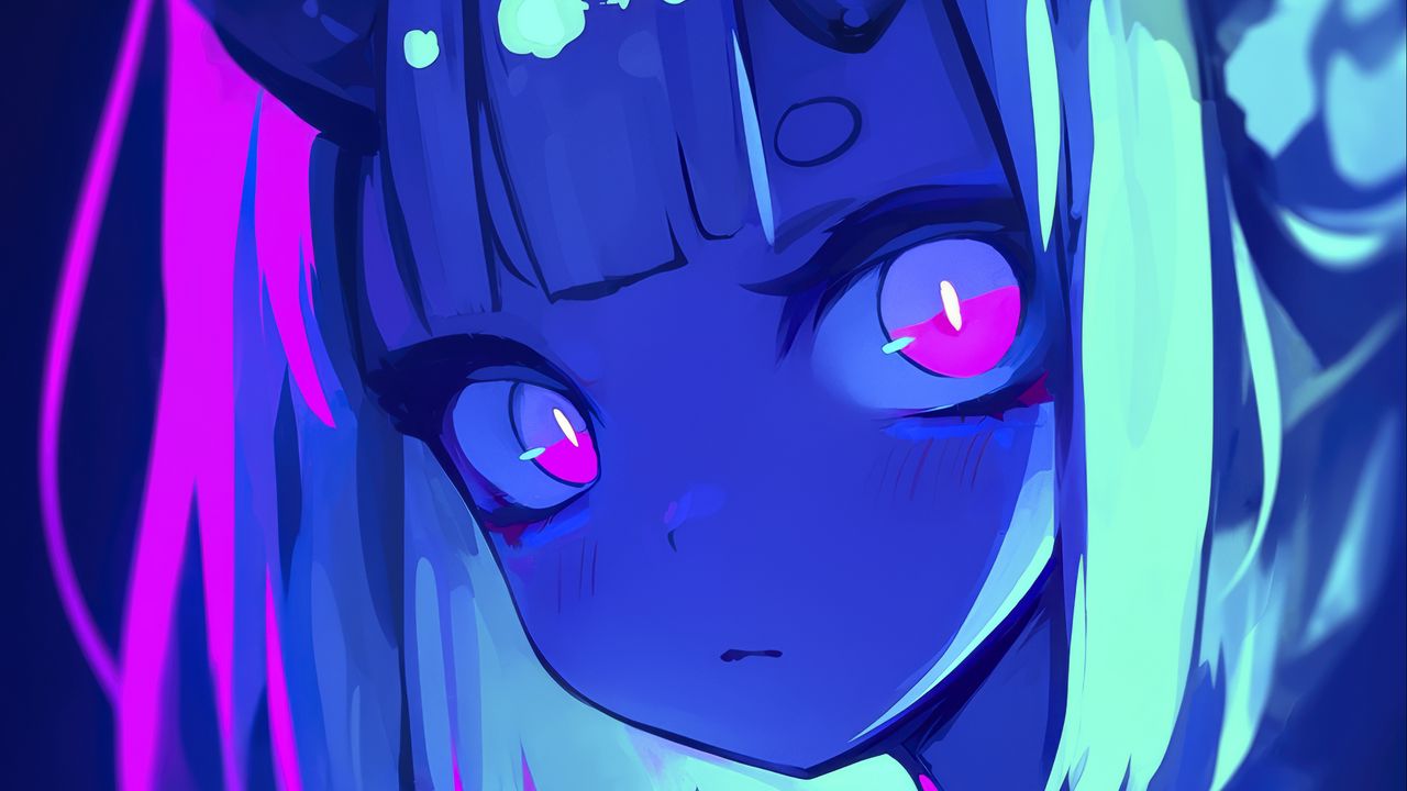 Wallpaper girl, horns, anime, blue, art