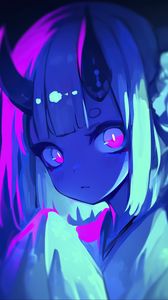 Preview wallpaper girl, horns, anime, blue, art