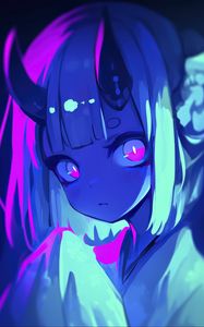 Preview wallpaper girl, horns, anime, blue, art