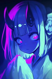 Preview wallpaper girl, horns, anime, blue, art