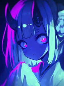 Preview wallpaper girl, horns, anime, blue, art