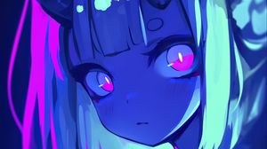 Preview wallpaper girl, horns, anime, blue, art