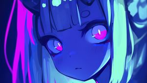 Preview wallpaper girl, horns, anime, blue, art