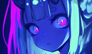 Preview wallpaper girl, horns, anime, blue, art