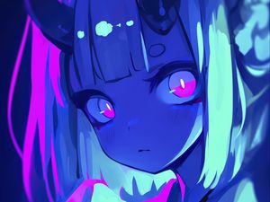 Preview wallpaper girl, horns, anime, blue, art