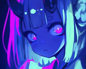 Preview wallpaper girl, horns, anime, blue, art