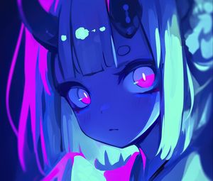 Preview wallpaper girl, horns, anime, blue, art