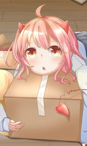 Preview wallpaper girl, horns, box, anime, art, cartoon