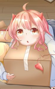 Preview wallpaper girl, horns, box, anime, art, cartoon
